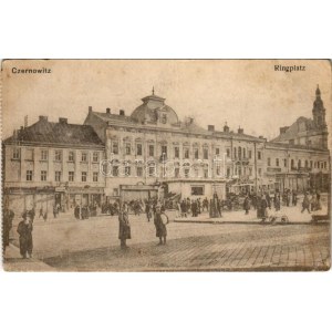 Chernivtsi, Czernowitz, Cernauti, Csernyivci (Bukovina, Bucovina, Bukowina) ; Ringplatz / place, tram, magasins (EB...