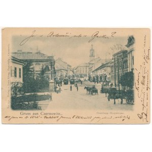 1900 Chernivtsi, Czernowitz, Cernauti, Csernyivci (Bukovina, Bukowina); Enzenberg Hauptstrasse / hlavní ulice, tramvaje (EK...