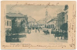 1900 Chernivtsi, Czernowitz, Cernauti, Csernyivci (Bucovina, Bukowina); Enzenberg Hauptstrasse / strada principale, tram (EK...