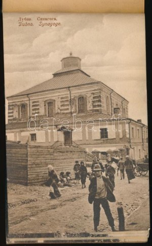 Dubno - libretto pre-1945 con 10 cartoline in qualità mista: scuola, strada, chiesa, negozi, ufficio postale, monastero...