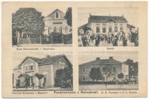1916 Horodenka, Horodence, Horodenke; Sparkassa, Sokol, Bahnhof, K. K. Postamt / Sparkasse, Sokol-Haus...