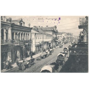 1916 Lutsk, Luck ; Hauptstrasse / rue principale, magasins + K.u.K. 4. Armee-Etappenkommando Platzkommando (EK...