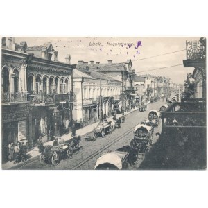 1916 Luck; Hauptstrasse / hlavná ulica, obchody + K.u.K. 4. Armee-Etappenkommando Platzkommando (EK...