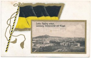 Lviv, Lwów, Lemberg ; Ogólny widok / Hügel / Lithographie en relief Art nouveau avec le drapeau de la monarchie des Habsbourg (fl...