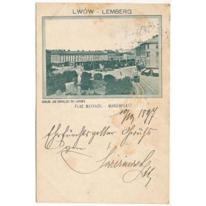 1897 (Vorläufer) Lvov, Lwów, Lemberg; Plac Maryacki / Marienplatz / náměstí, tramvaj, obchod T. Gorského (EK...
