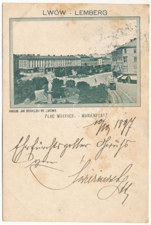 1897 (Vorläufer) Lviv, Lwów, Lemberg ; Plac Maryacki / Marienplatz / place, tram, magasin de T. Gorski (EK...