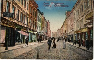 Lviv, Lwów, Lemberg ; Ul. Sykstuska / Sykstuskagasse / vue de la rue, tram, magasins (EM)