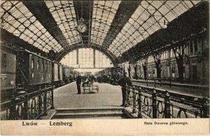 Lviv, Lwów, Lemberg; Hala Dworca Glównego / Bahnhof, Hauptbahnsteig, Zug, Eisenbahner (EK)