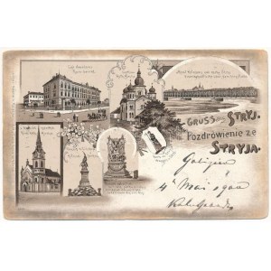 1900 Stryj, Stryj, Strij; Kreis-Gericht, Ruth. Kirche, Eisenbahnbrücke über dem Stryj Flusse, Röm. kath. Kirche...