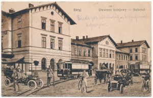 1915 Stryi, Stryj, Strij; Dworzec kolejowy / Bahnhof / railway station, montage with tram, automobiles and bicycles (EK...