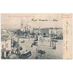 1908 Zhytomyr, Zytomierz; square, chapel and cathedral, trams, shop (Rb)