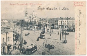 1908 Zhytomyr, Zytomierz ; place, chapelle et cathédrale, tramways, magasin (Rb)