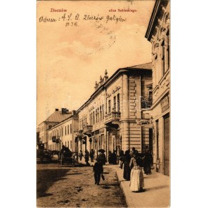 Zolochiv, Zloczów, Zlocsov; Ulica Sobieskiego / street view, shops (EB)