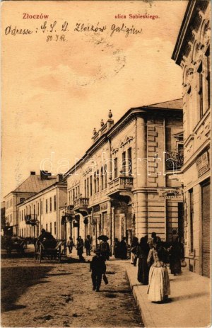 Zolochiv, Zloczów, Zlocsov; Ulica Sobieskiego / pohľad z ulice, obchody (EB)
