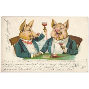 1900 Signori maiali che bevono e fumano. litografia (EB)