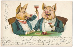 1900 Porcs messieurs buvant et fumant. litho (EB)