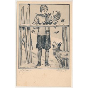 1931 A tél árvái. Cserkész síelés közben, téli sport. Márton műterem kiadásai 8. / Hungarian scout art postcard...