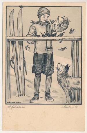1931 A tél árvái. Cserkész síelés közben, téli sport. Márton műterem kiadásai 8. / Hungarian scout art postcard...