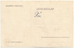 Készülődés a táborozásra. Cserkészek a borbélynál. R.M. Cserkészcsapatai 1. / Hungarian scout art postcard...