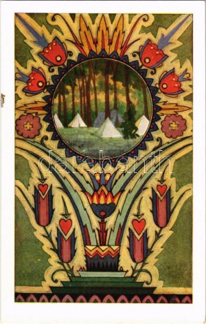 A 25. Szt. Imre öreg cserkészcsapat képeslapja / Gruppo di scout ungheresi. Art Nouveau s: Megyer-Meyer Attila (fl...