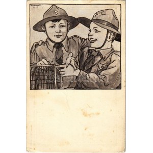 Cserkész művészlap. Kiadja A Magyar Cserkészszövetség kiadóvállalta / Hungarian boy scout art postcard s: (fl...