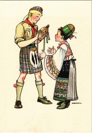 Cserkész és népviseletes fiú. Cserkész művészlap. Kiadja A Magyar Cserkészszövetség / Hungarian boy scout art postcard...