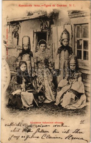 1901 Tipi di Caucaso / Folklore abazino, donne abazine della regione di Kuban (Caucaso settentrionale) (fl)