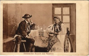 1915 Sächsischer Bursch und Mädchen / Erdélyi népviselet, folklór / Transylvanian Saxon folklore (EK...