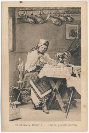 Romänische Bäuerin. Kunstanstalt Jos. Drotleff, Hermannstadt Nr. 406. 1917. / Román parasztasszony / Romanian folklore...