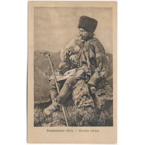 Romänischer Hirte. Kunstanstalt Jos. Drotleff, Hermannstadt Nr. 401. 1917. / Román juhász / Romanian folklore...