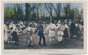 1918 Salutari din Romania. Hora / Román körtánc / folklore roumain, danse traditionnelle (kis szakadás / petite...