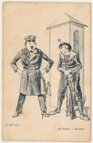 Am Posten. K.u.K. Kriegsmarine Matrosenhumor / Austro-Hungarian Navy mariner humour art postcard. C. Fano Pola 5863. s...