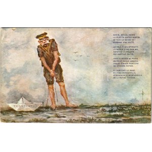 SMS TEGETTHOFF papírcsónak és Ferenc József matrózként. Első világháborús olasz gúnyos propaganda / K.u.K...