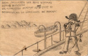 1914 Első világháborús humoros kézzel rajzolt tábori posta az SMS SZIGETVÁR fedélzetéről / K.u.K...