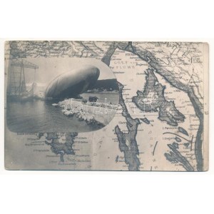 A Pola felett lelőtt Citta di Jesi olasz léghajó maradványai a kikötőben. Montázs térképpel / K.u.K. Kriegsmarine ...