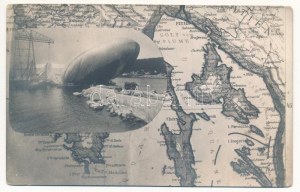 A Pola felett lelőtt Città di Jesi olasz léghajó maradványai a kikötőben. Montázs térképpel / K.u.K. Kriegsmarine ...