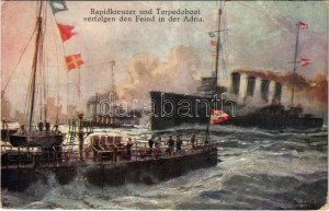 1915 Rapidkreuzer und Torpedoboot verfolgen den Feind in der Adria. K.u.K. Kriegsmarine...