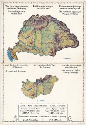 Az ezeréves egységes Magyarország és a trianoni béke szörnyszülöttje : Trianon előtt és után ; kihajtható képeslap...