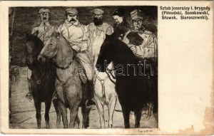 1915 Sztab jeneralny I. brygady (Pilsudski, Sosnkowski, Slawek, Sieroszewski) / Polnische Militärkunstpostkarte des Ersten Weltkriegs (fl...