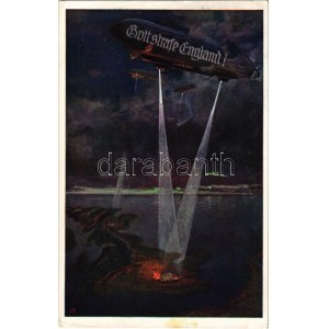 Gott beschießt England! / WWI Deutsche Militärkunst Postkarte, Anti-Britische Propaganda mit Luftschiff...