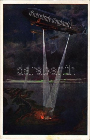 Gott strafe England! / WWI German military art postcard, Anti-British propaganda with airship...
