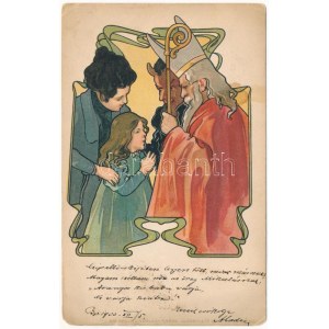 1900 Krampusz és Mikulás. Szecessziós / Krampus i Święty Mikołaj. Frank Josseck &amp; Co. 313. Secesja, litografia (EM...