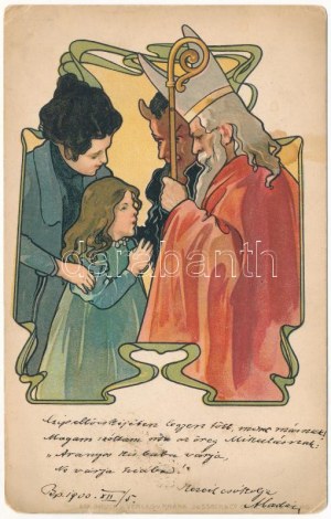 1900 Krampusz és Mikulás. Szecessziós / Krampus und Sankt Nikolaus. Frank Josseck & Co. 313. Art Nouveau, Litho (EM...