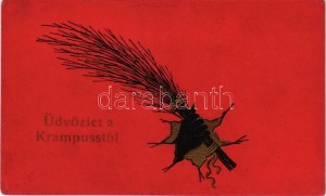 1918 Üdvözlet a Krampusstól! / Greetings from the Krampus with birch. Emb. litho (kopott sarkak / worn corners...