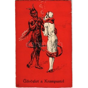 Üdvözlet a Krampusztól ! / Krampus fumant avec une dame (kis szakadás / petite larme)