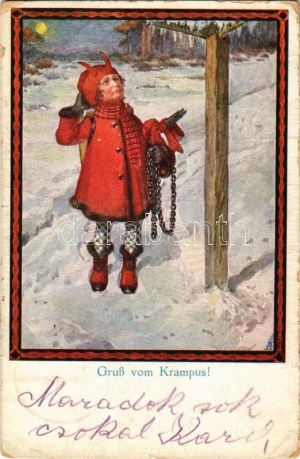 Gruss vom Krampus! / Krampus girl with chains and birch (kopott sarkak / worn corners)
