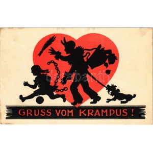 Gruss vom Krampus! / Krampus with birch, chains and dog, silhouette (fa)