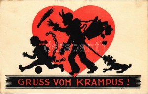 Gruss vom Krampus! / Krampus s břízou, řetězy a psem, silueta (fa)