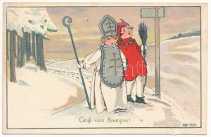 1923 Krampusz és Mikulás gyerekek / Krampus i Święty Mikołaj jako dzieci. Nr. 22-214. litho s: Anny Tekauz ...