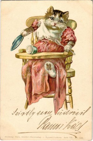 1899 (Vorläufer) Bébé chat affamé. Théo. Stroefer's Kunstverlag. Aquarell-Postkarte Serie VII. No. 5499...